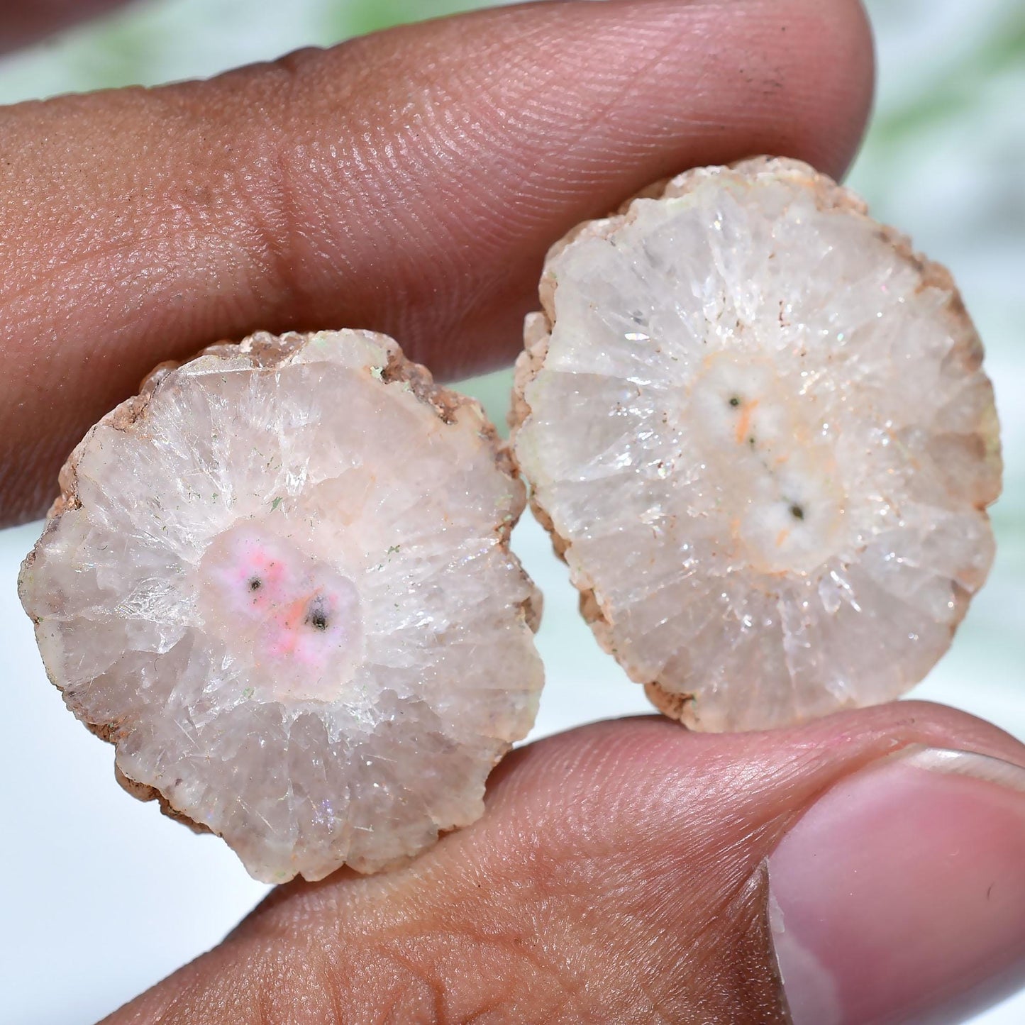 Solar Quartz Matched Pair Cabochon – Round Geode Stalactite Slices for Earring