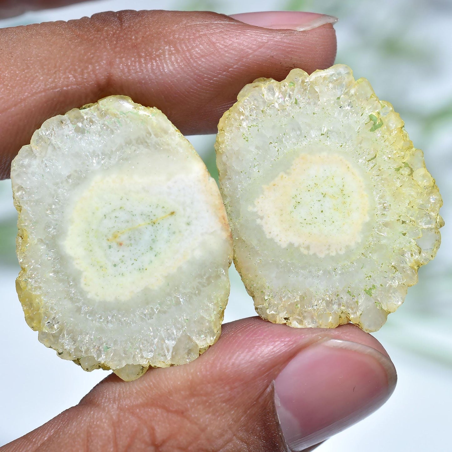 Solar Quartz Matched Pair Cabochon – Round Geode Stalactite Slices for Earring