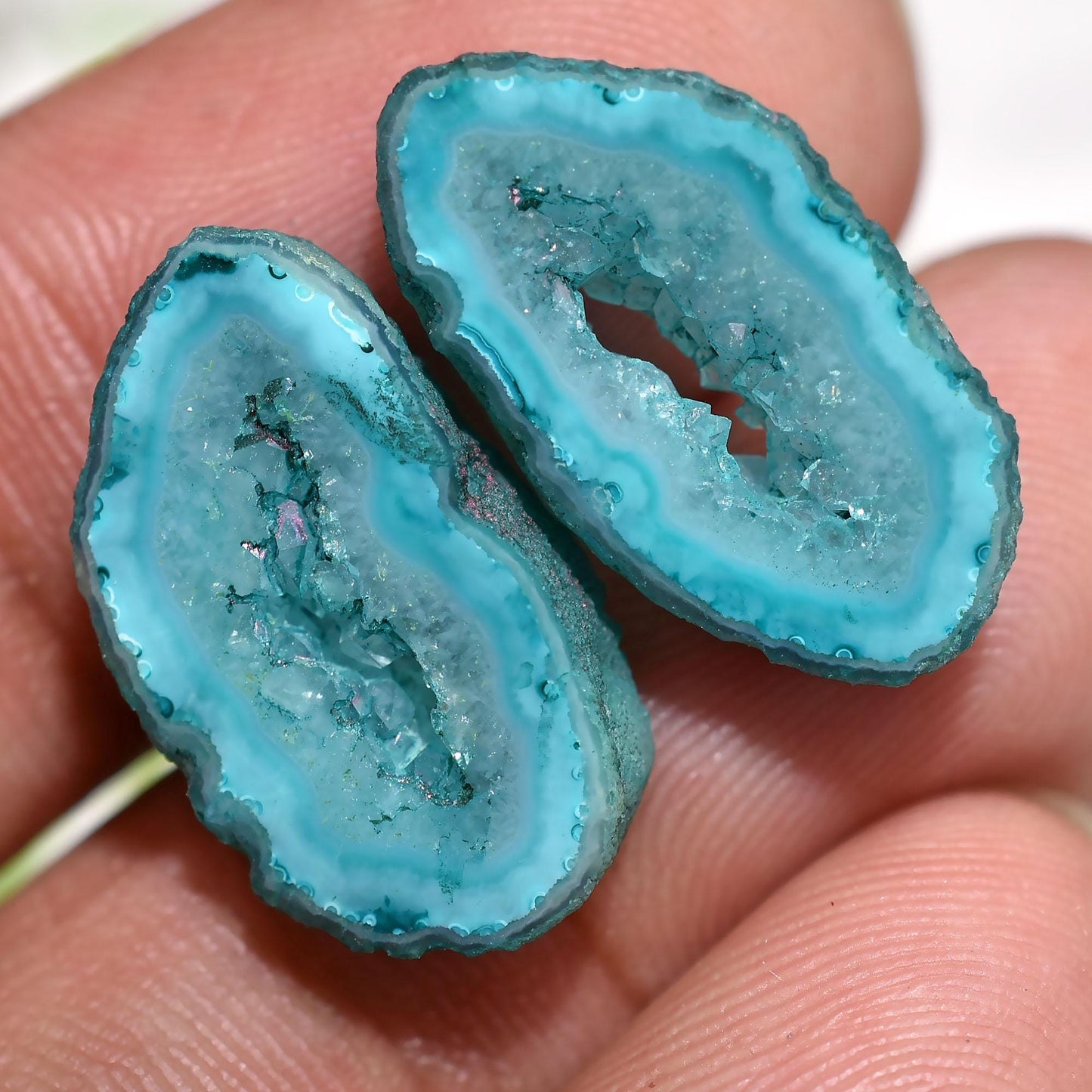 Blue Window Druzy Geode Pair – Blue Solar Quartz Agate Slice Matched Pair for Earrings