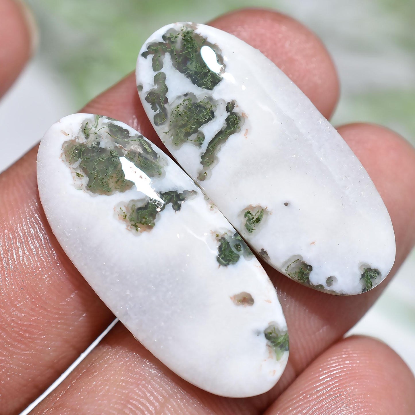 Beautiful Moss Agate Pair – Oval Shaped Polished Gemstone Matched Pair