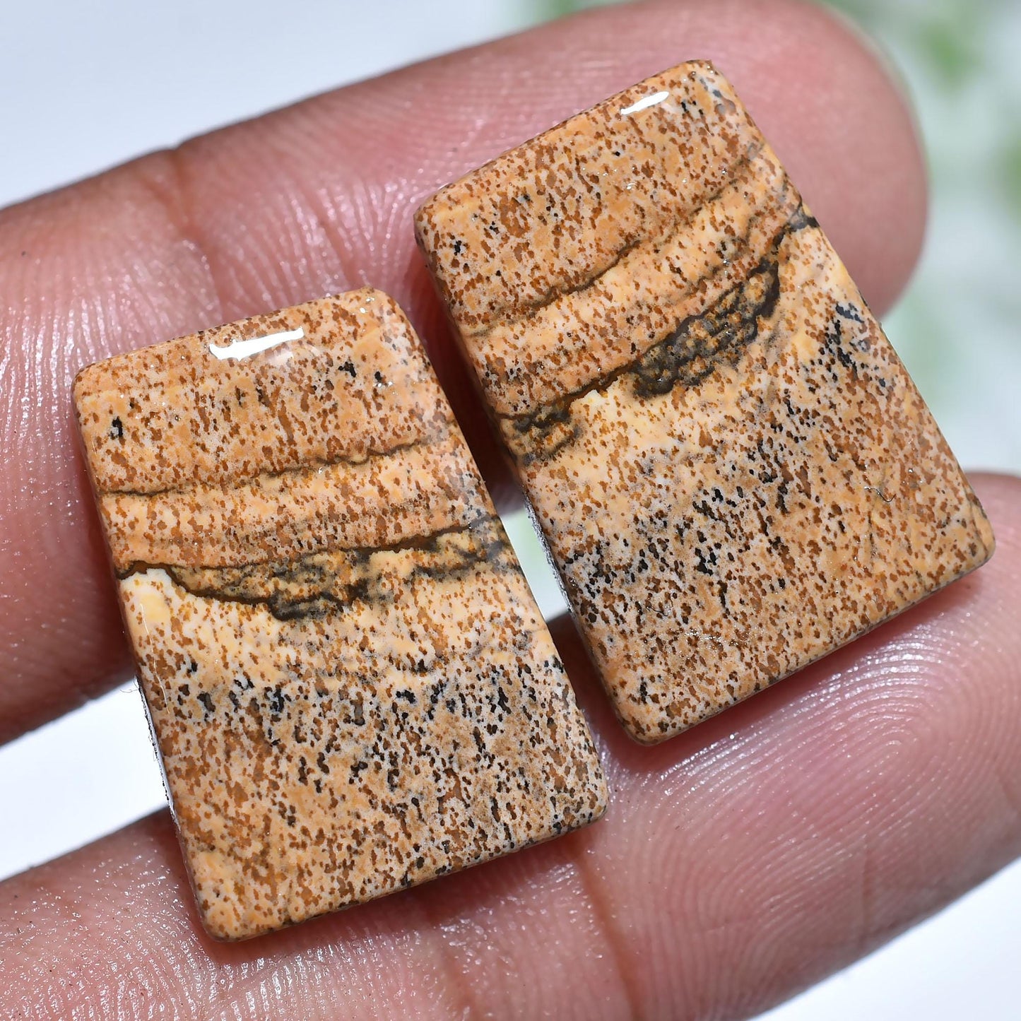 Beautiful Picture Jasper Gemstone Pair – Hand Polished Fancy Shaped Cabochon Set