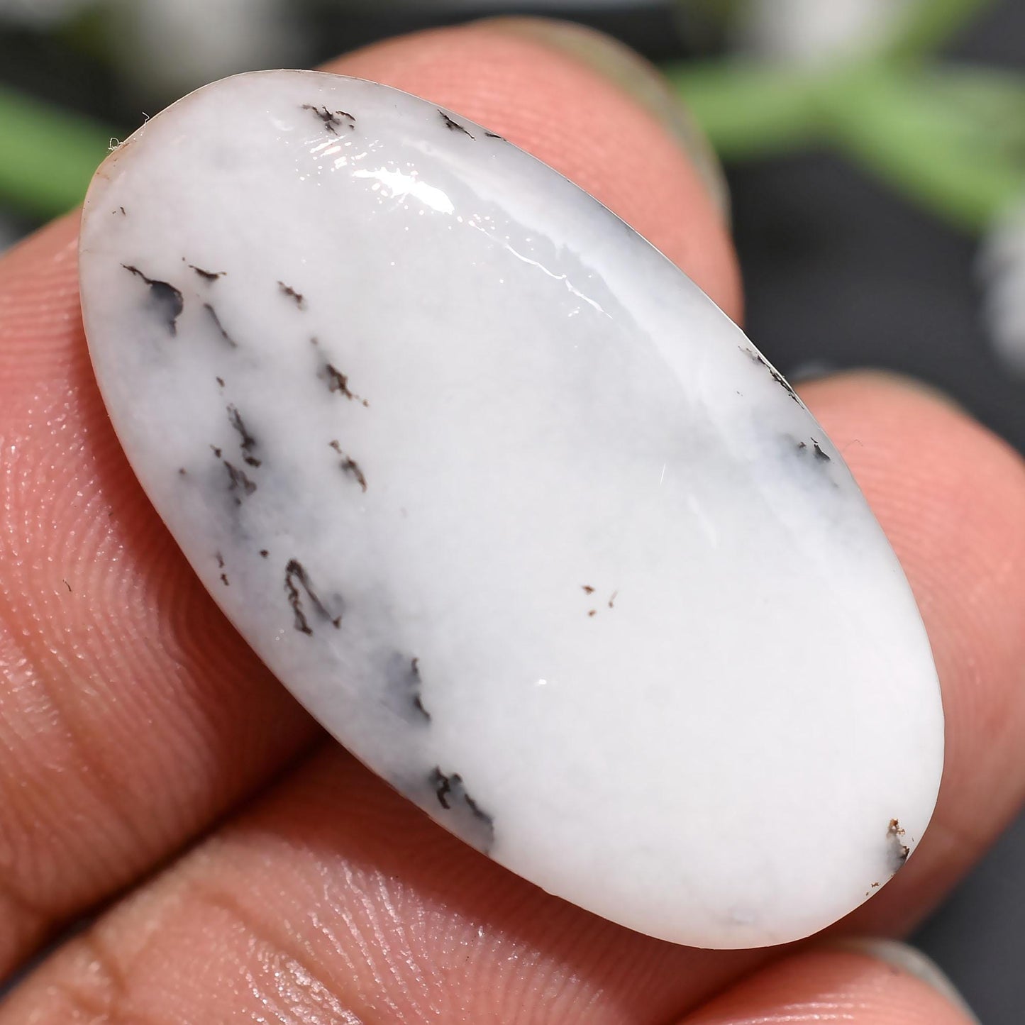 Oval Dendritic Opal Gemstone, Smooth Polished White Opal Cabochon for Jewelry