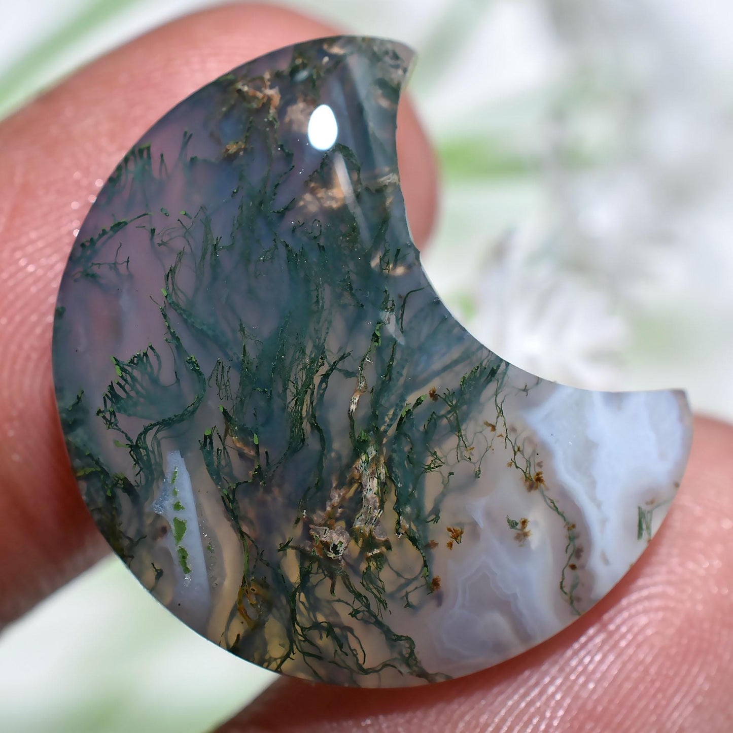 Natural Green Moss Agate Crescent Cabochons – Polished Half Moon Gemstones