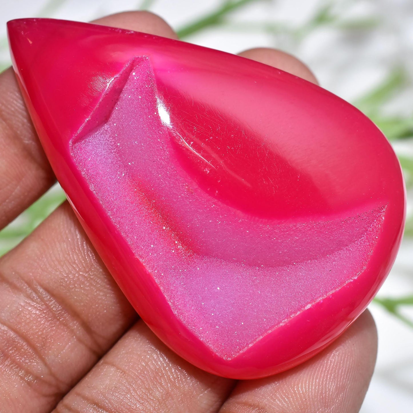 Fuchsia Solar Quartz Gemstone, Pear Shape Druzy Agate Cabochon