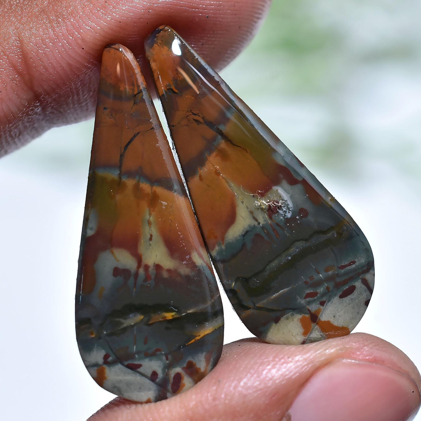 Pear Shape Bloodstone Cabochon Pair – Natural Flat-back Gemstone for Earrings