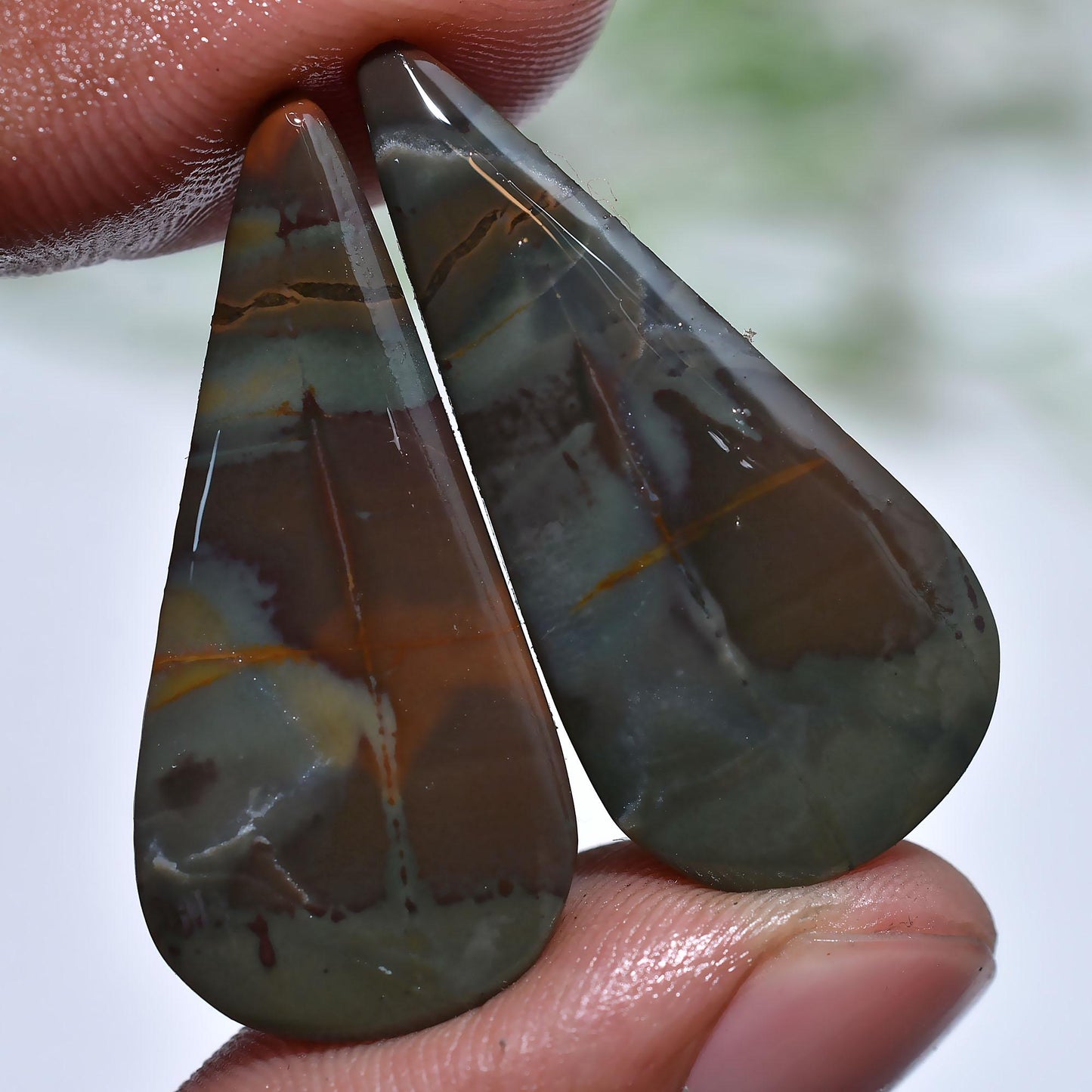 Green Bloodstone Jasper Pair – Pear Shaped Flat Back Cabochon Earring Set