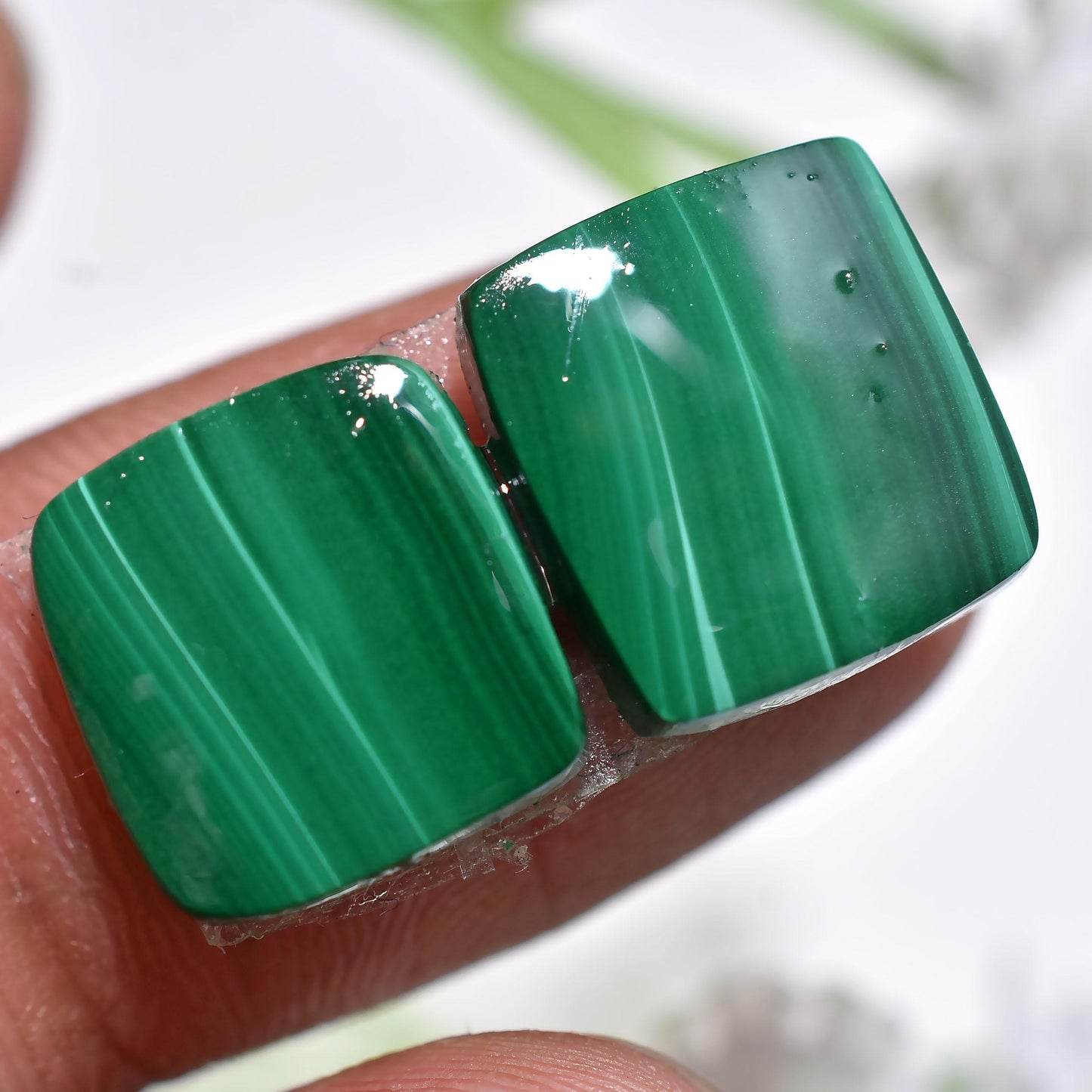 Square Green Malachite Pair, Smooth Matched Cabochons