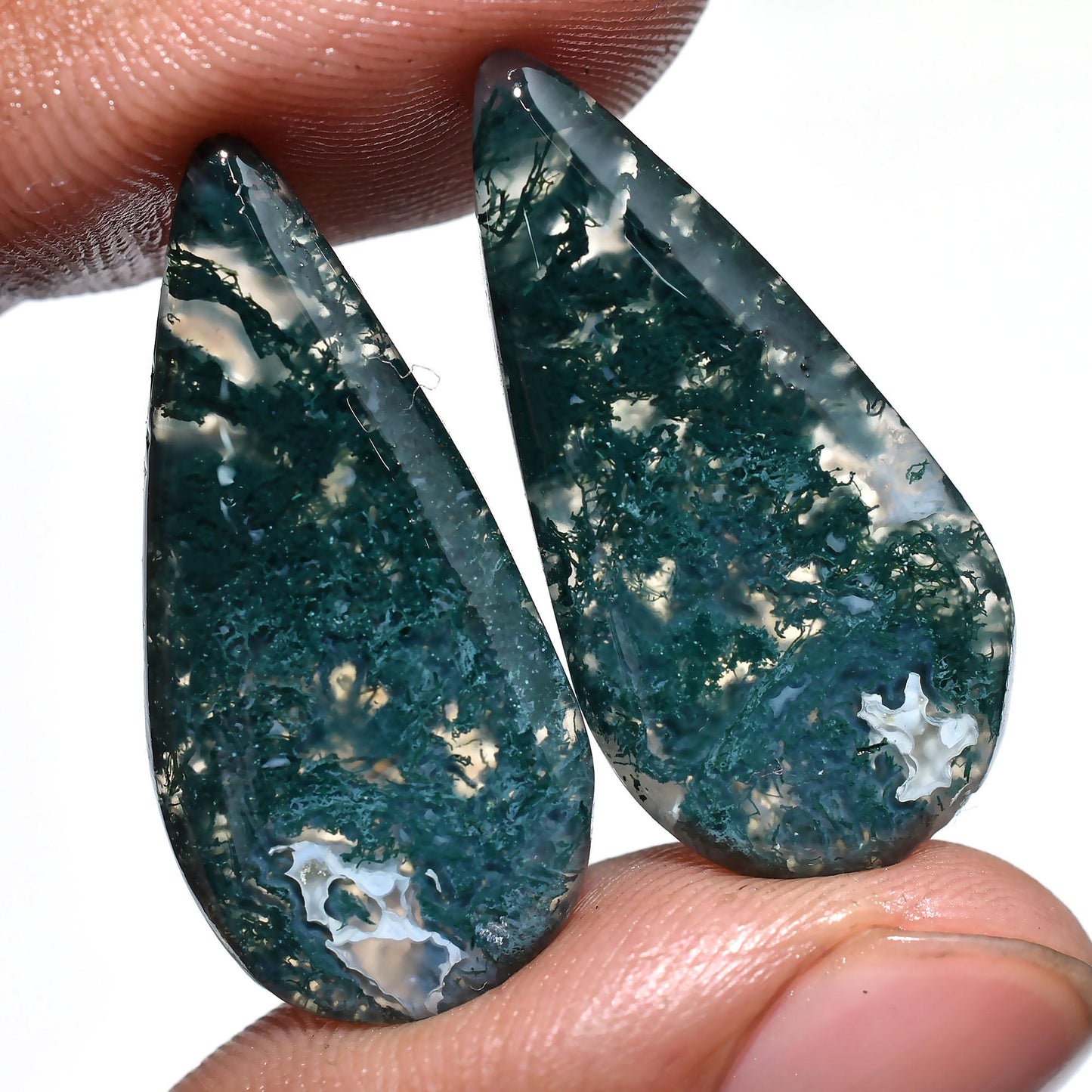 Top Quality Moss Agate Matched Earrings Pair – Smooth Polished Cabochon