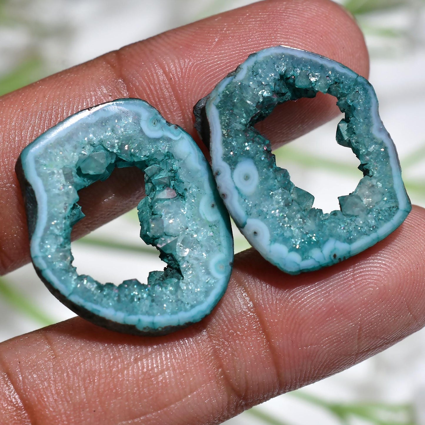 Blue Window Druzy Geode Pair – Blue Solar Quartz Agate Slice Matched Pair for Earrings