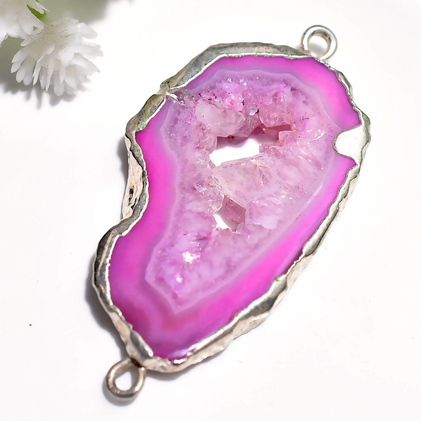 Fancy Stone Geode Connector Pendant – Double Bail Electroplated Agate Slice for DIY Jewelry