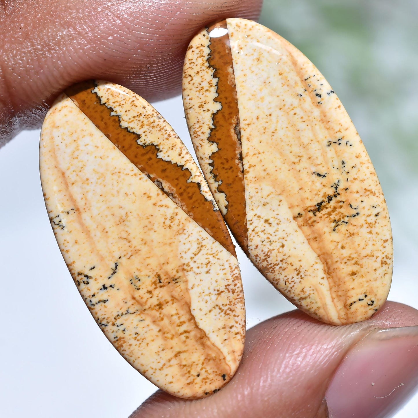 Oval Picture Jasper Gemstone Pair, Smooth Polished Jasper Loose Cabochon Pair Set