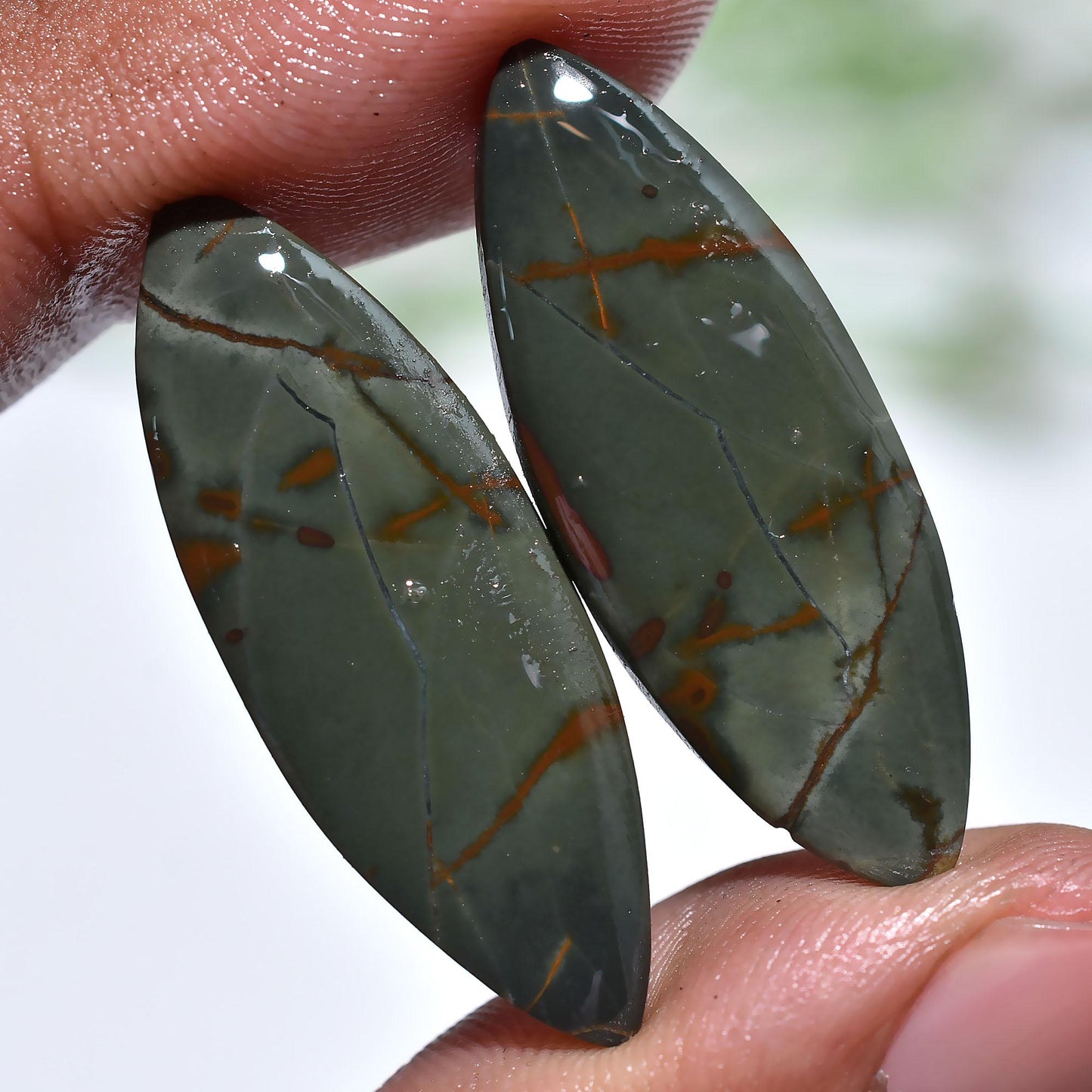 Marquise Shape Bloodstone Earring Pair – Natural Green Jasper Cabochon Set