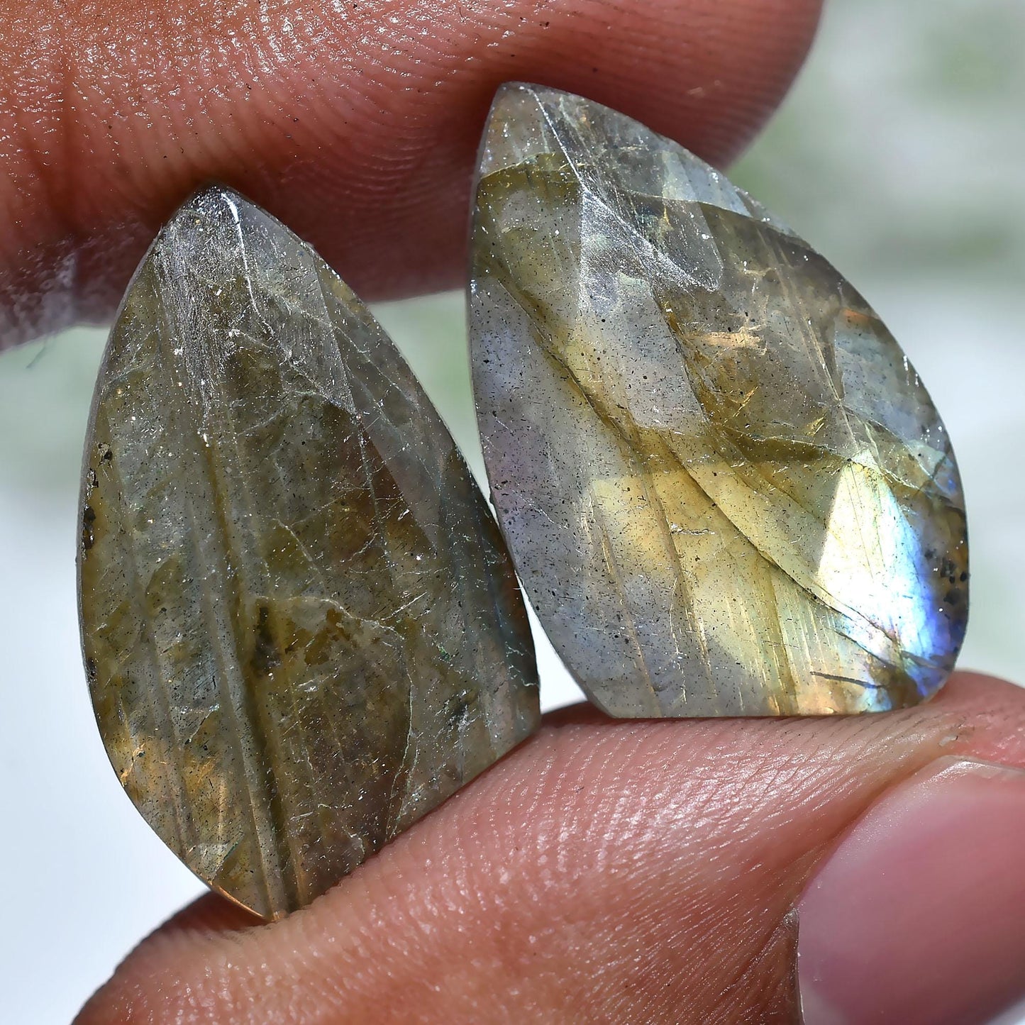 Flashy Labradorite Cabochon Pair - Fancy Faceted Gemstones for Custom Jewelry