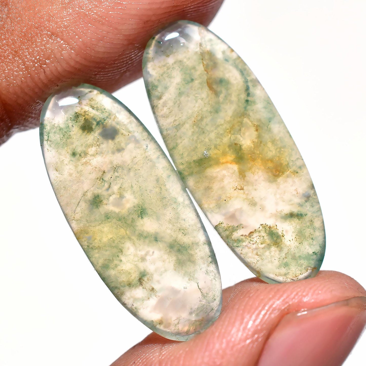 Moss Agate Cabochons Pair – Oval Gemstones for Jewelry & Crystal Healing