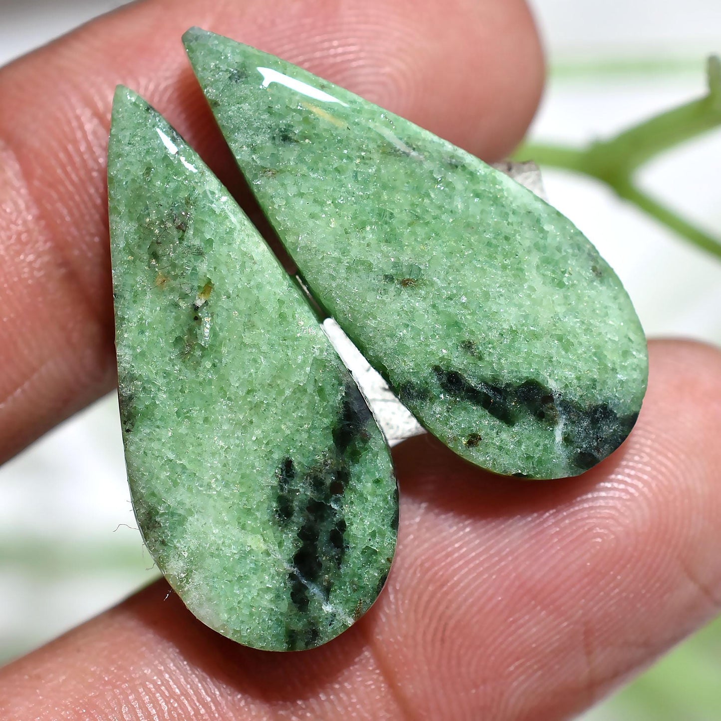 Green Ruby Zoisite Pair Gemstone - Teardrop Smooth Cabochons for Jewelry
