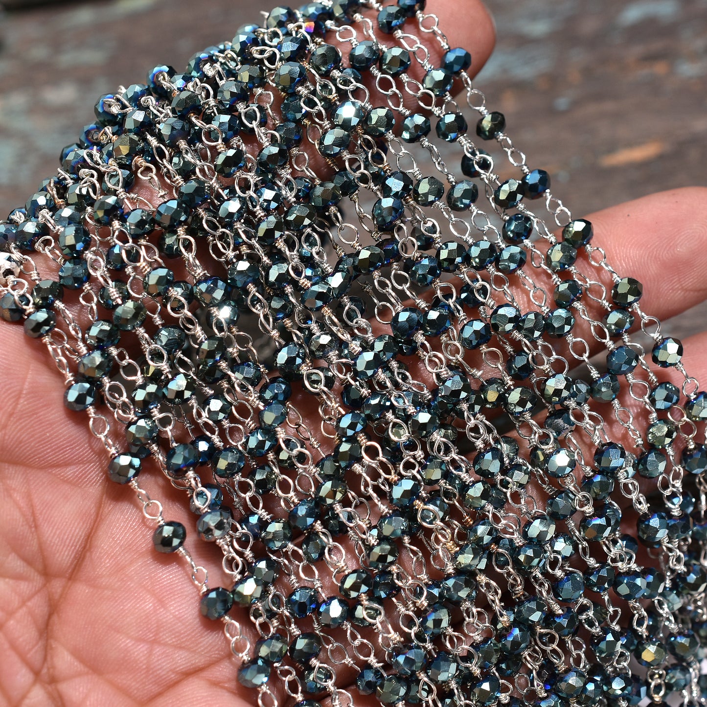 Beautiful Pyrite Hydro Rosary Chain with Silver Coating - Silver Plating Gemstone Chain Lot