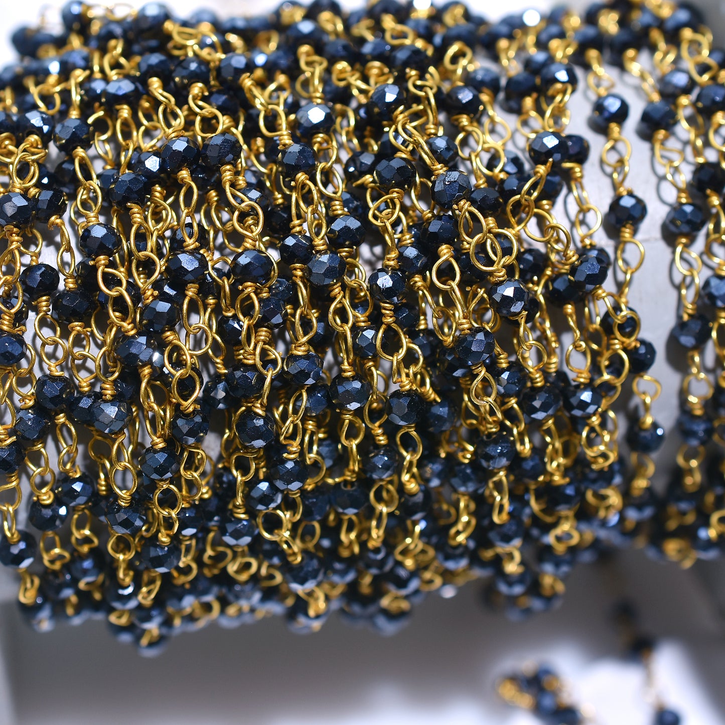 Bold Black Pyrite Rosary - Golden Plating Stone Beads Chain Lot for DIY Jewelry Designers