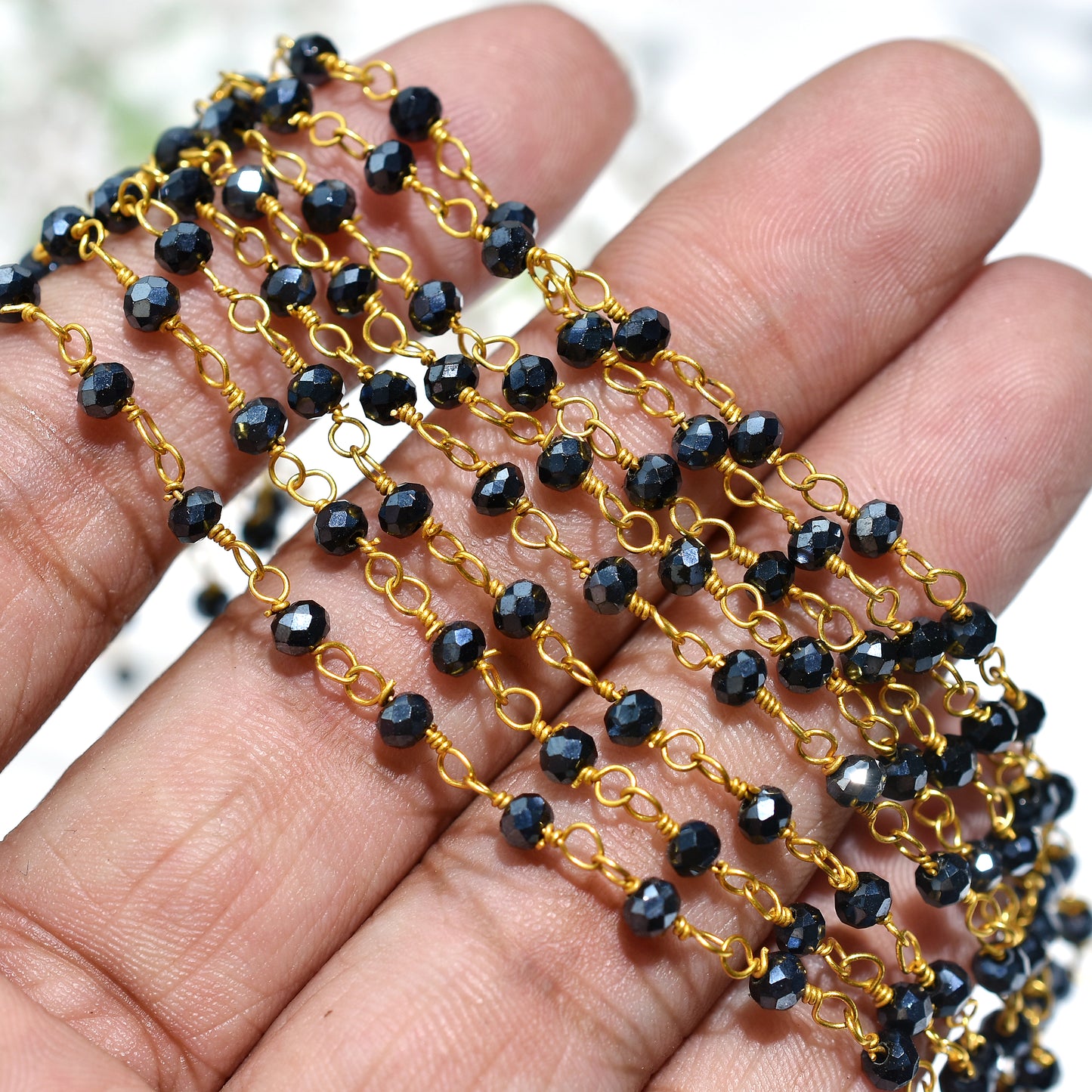 Bold Black Pyrite Rosary - Golden Plating Stone Beads Chain Lot for DIY Jewelry Designers