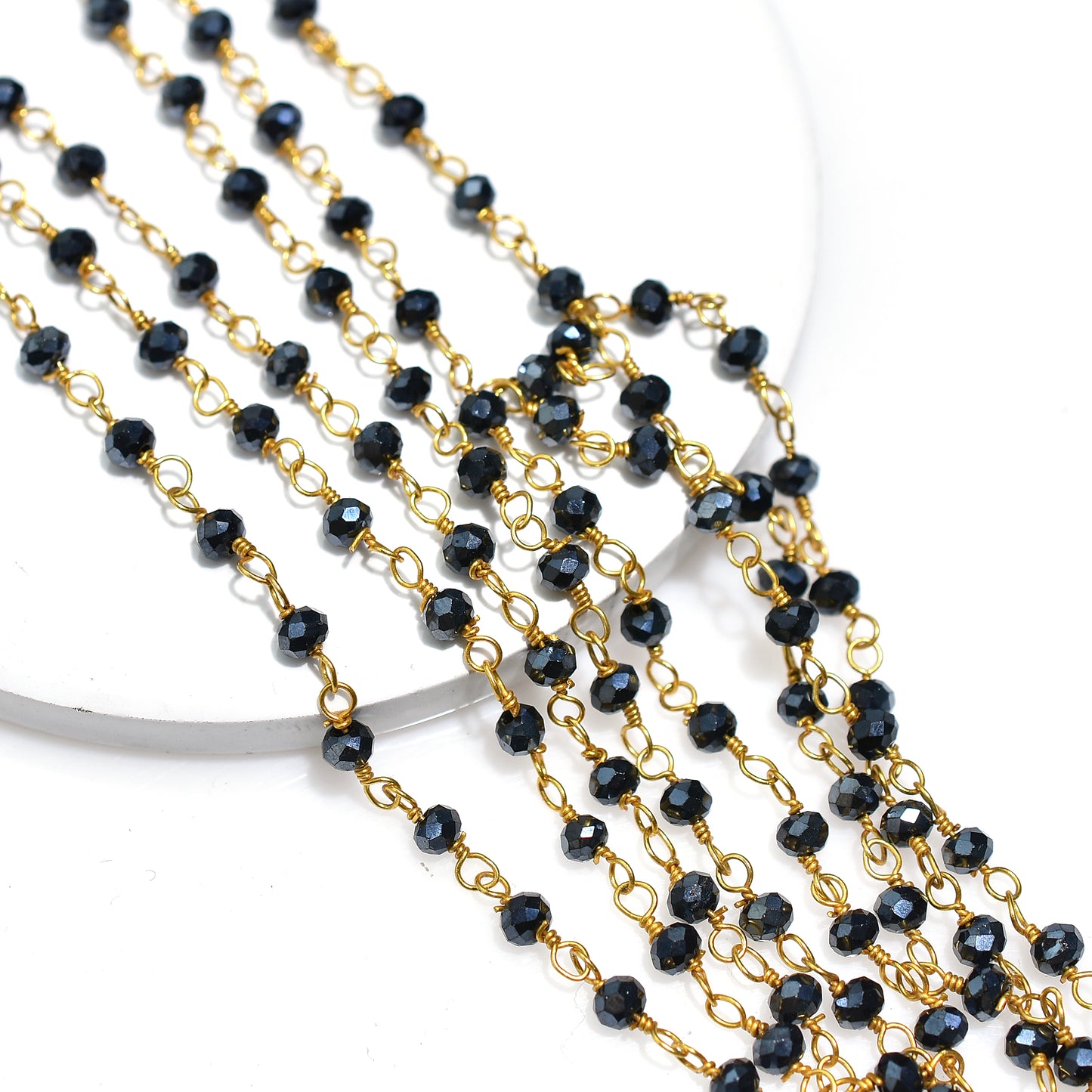 Bold Black Pyrite Rosary - Golden Plating Stone Beads Chain Lot for DIY Jewelry Designers