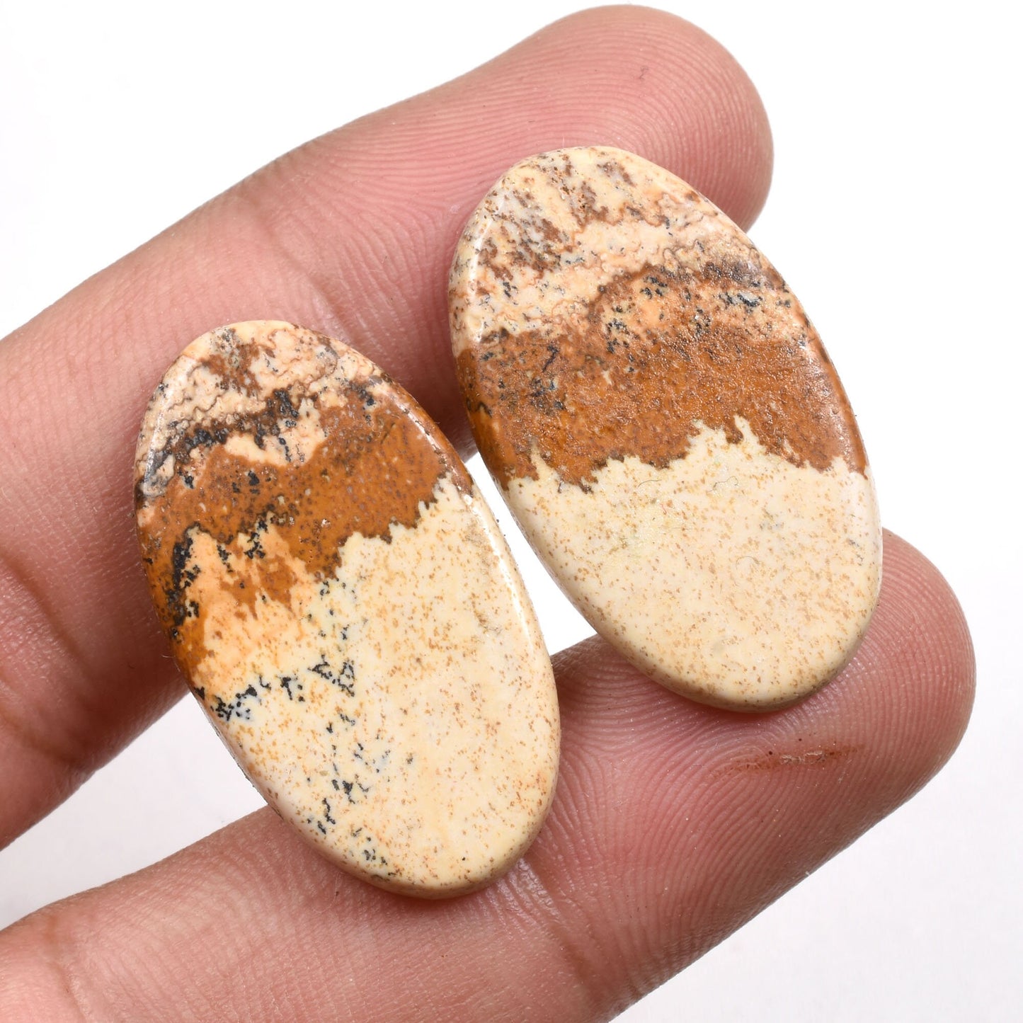Stunning Picture Jasper Earrings Pair - Unique Brown Gemstone Cabochons