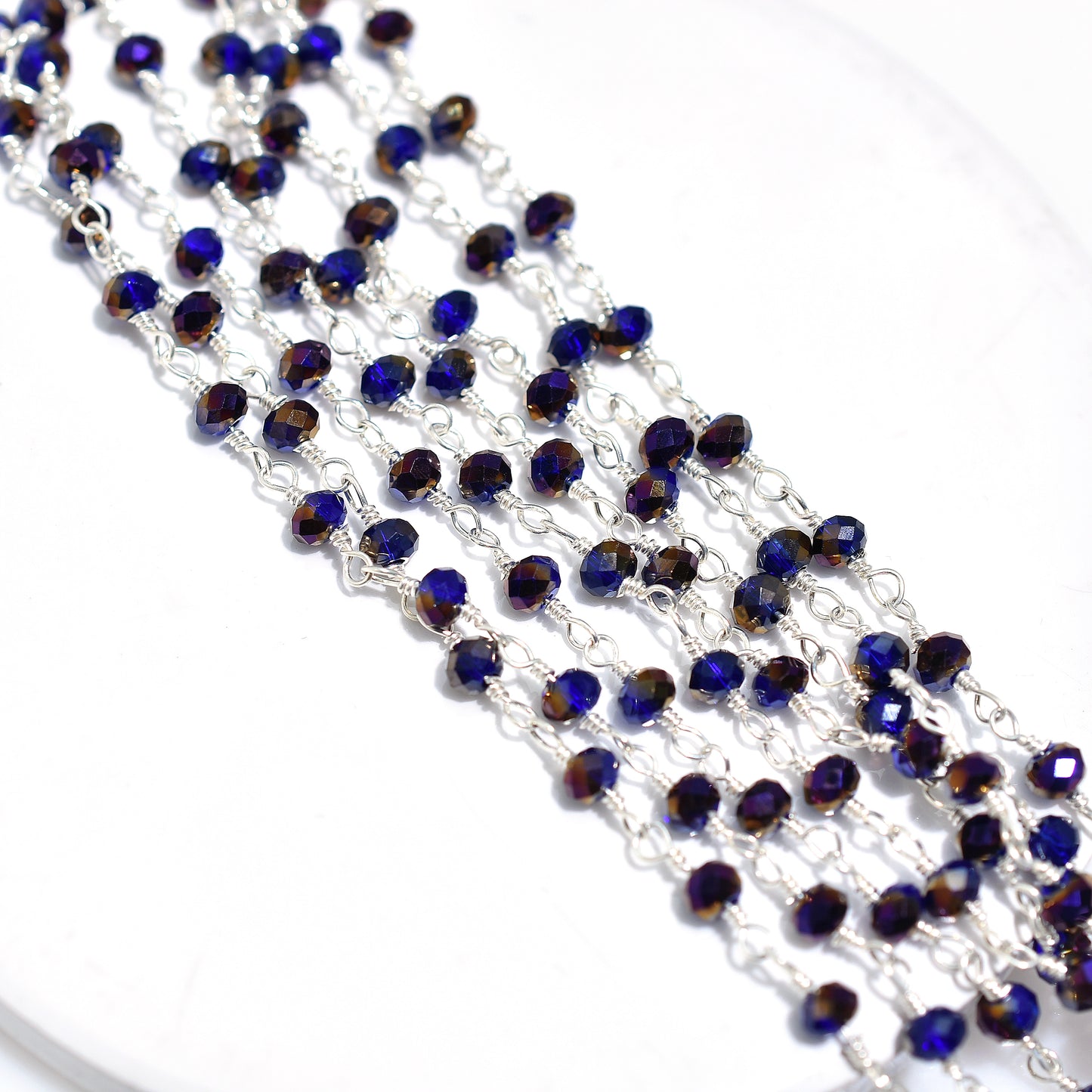 Iridescent Blue Purple Hydro Bead Chain-Silver Coated Stone Rosary Strand for DIY Jewelry & Crafts