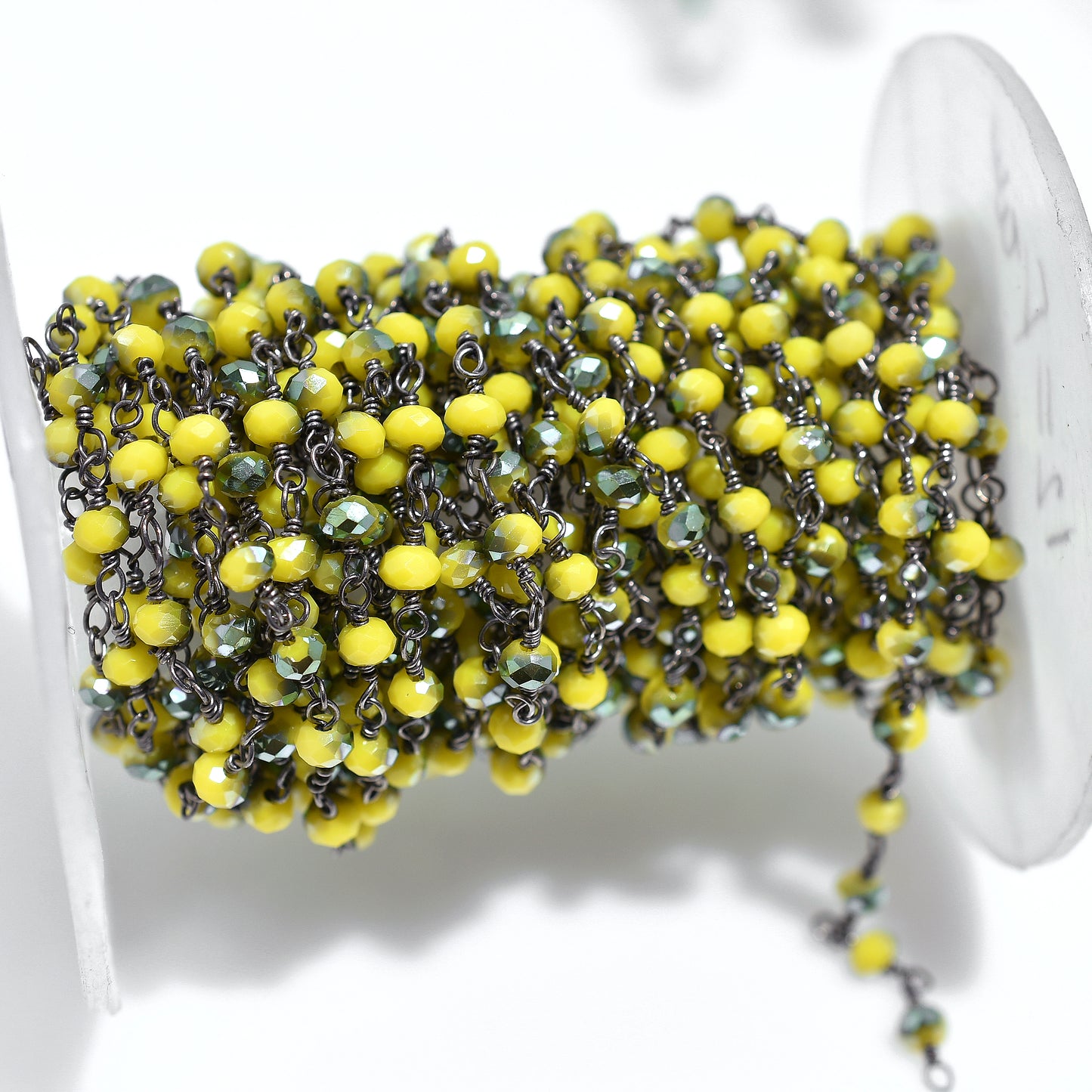 Vibrant Yellow Jade Coated Gemstone Beads Rosary – Gunmetal Link Chain for Jewelry Design