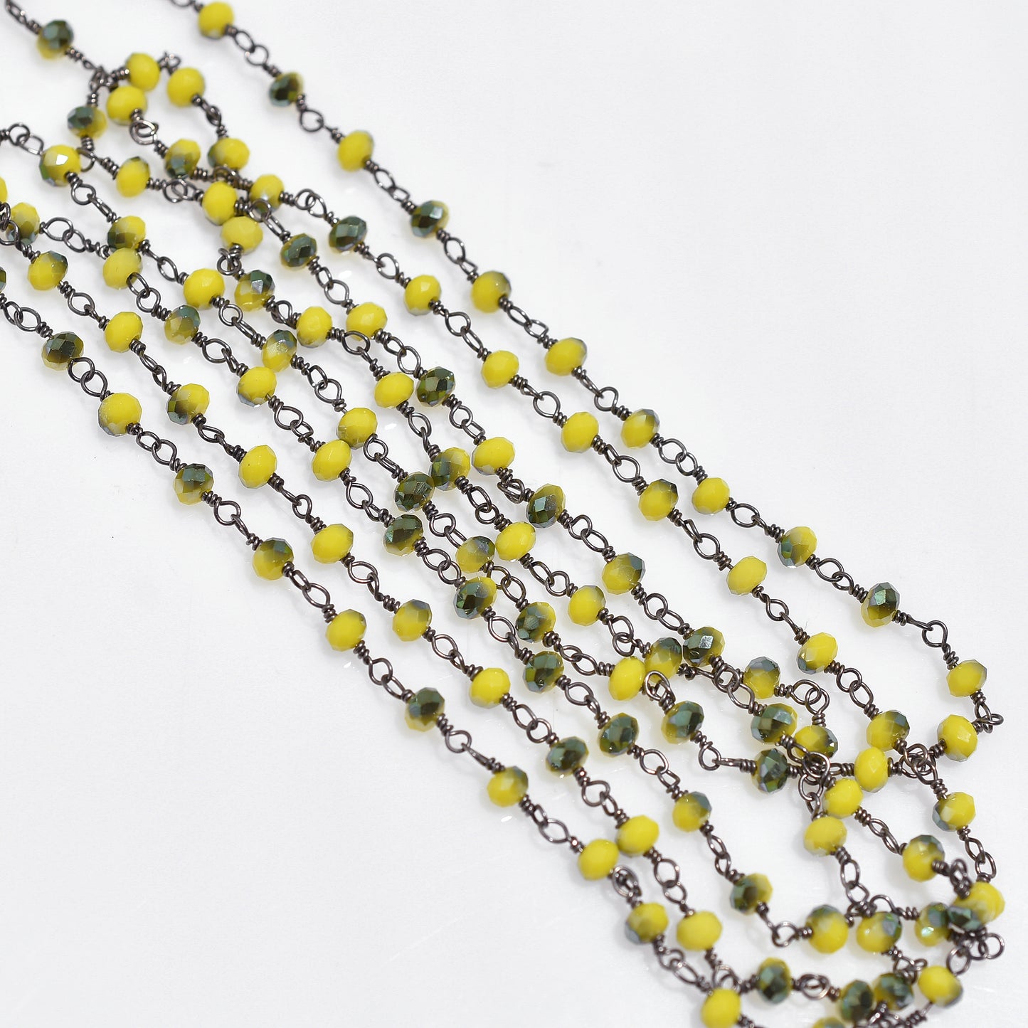 Vibrant Yellow Jade Coated Gemstone Beads Rosary – Gunmetal Link Chain for Jewelry Design