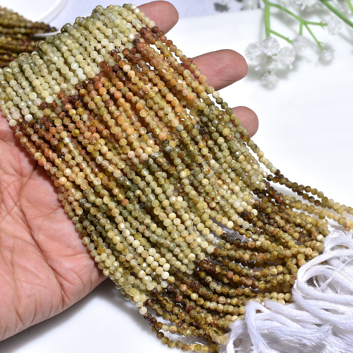 Natural Grossular Garnet Beads – 2mm Multi Green Faceted Gemstone Strand