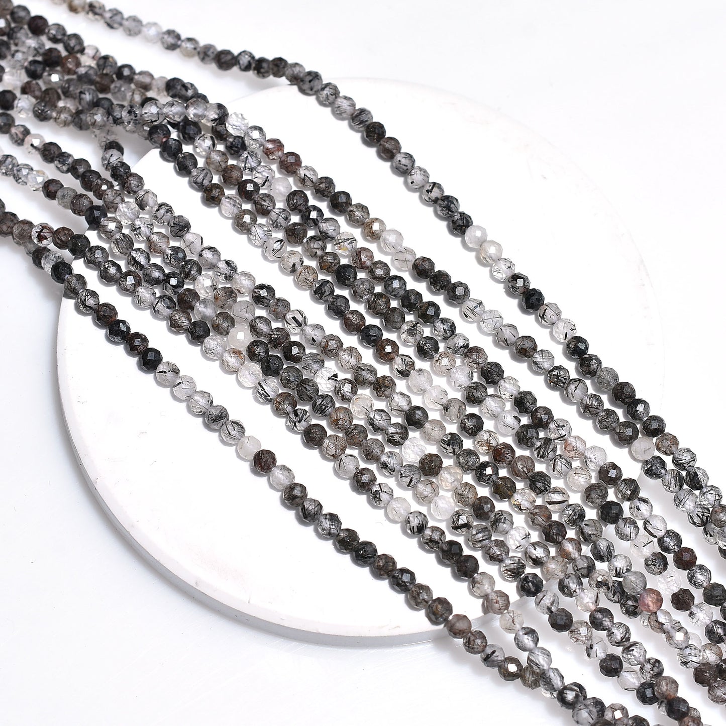 Natural Black Rutile Beads – Micro Faceted Round Gemstone Strand