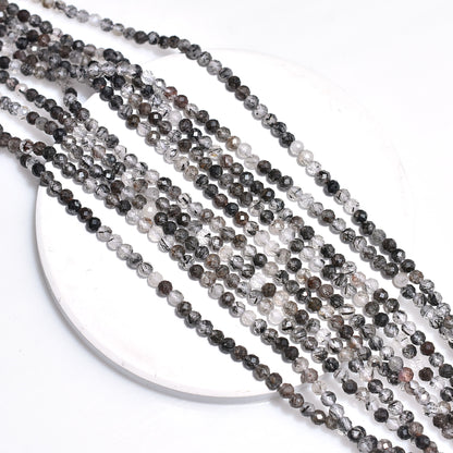 Natural Black Rutile Beads – Micro Faceted Round Gemstone Strand