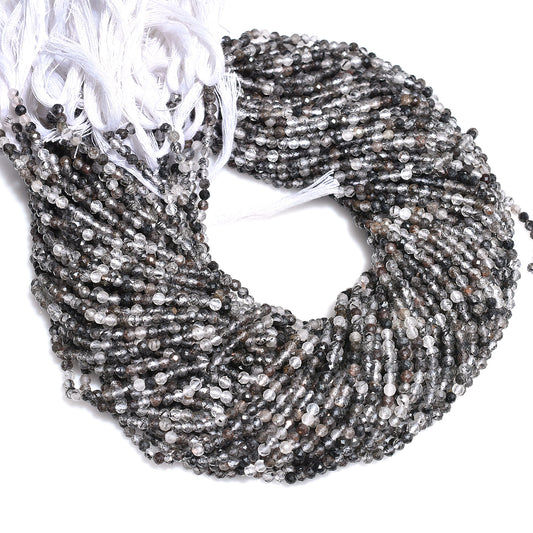 lack rutile, rutile beads, faceted beads, micro cut beads, gemstone strand, crystal beads, jewelry making, loose beads, natural gemstone, diy jewelry, necklace beads, bracelet beads, polished beads, machine cut, faceted gemstone, beading supplies, gemstone jewelry, crystal strand, rutile quartz, healing stone