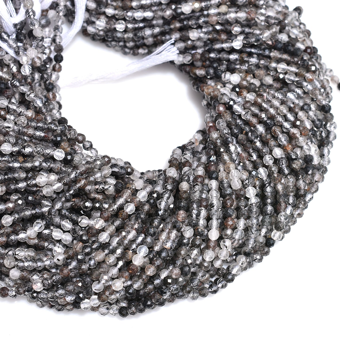 Natural Black Rutile Beads – Micro Faceted Round Gemstone Strand