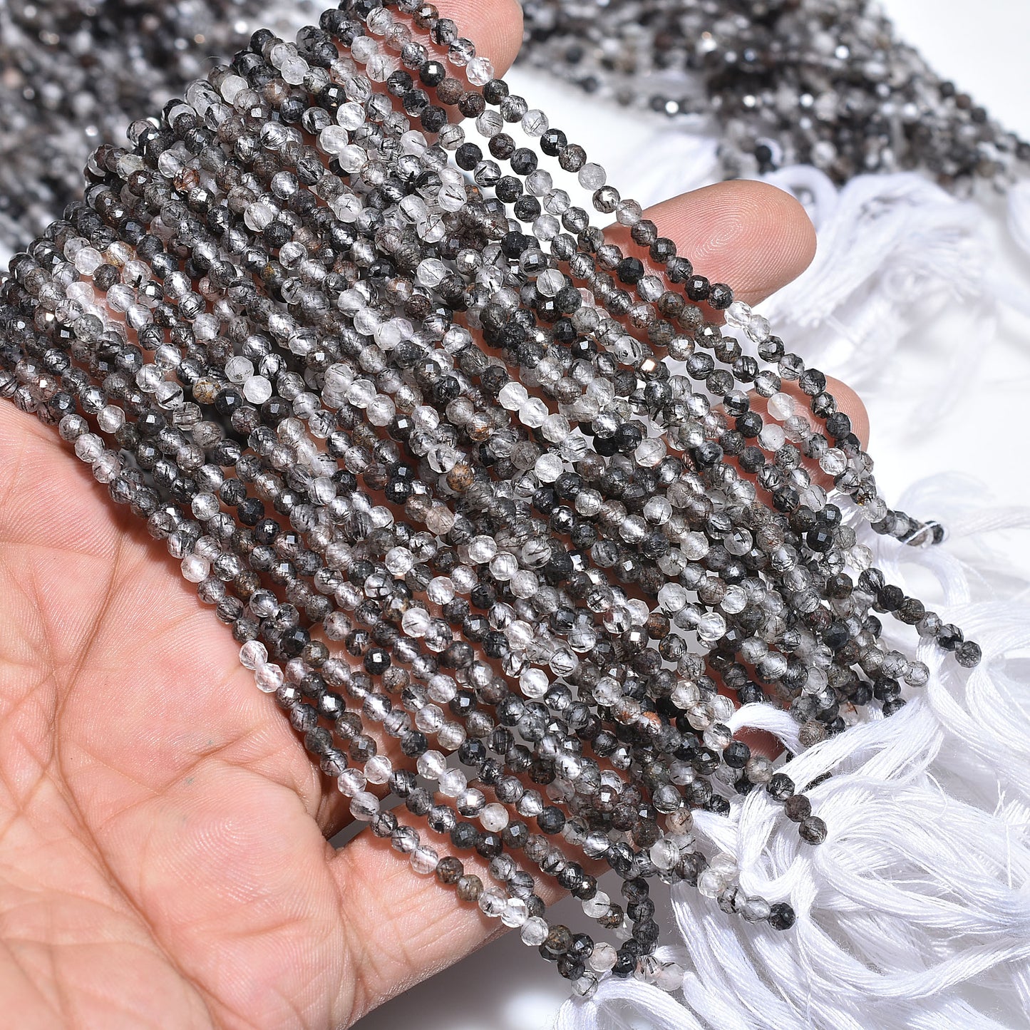 Natural Black Rutile Beads – Micro Faceted Round Gemstone Strand