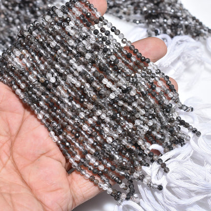 Natural Black Rutile Beads – Micro Faceted Round Gemstone Strand