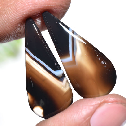 Teardrop Shaped Black Banded Agate Pair – Natural Gemstones with Striking Stripes