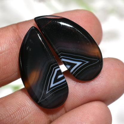 Natural Black Banded Agate Gemstones Pair – Striking Chevron Patterned Cabochons