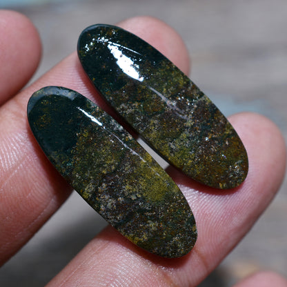 Deep Green Bloodstone Gemstone Pair – Natural Smooth Polished Matched Cabochon for Custom Designs