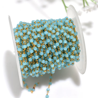 Handcrafted Blue Chalcedony Hydro Faceted Gemstone Beads Rosary Chain Gold Plated Linking Chains for DIY Crafts