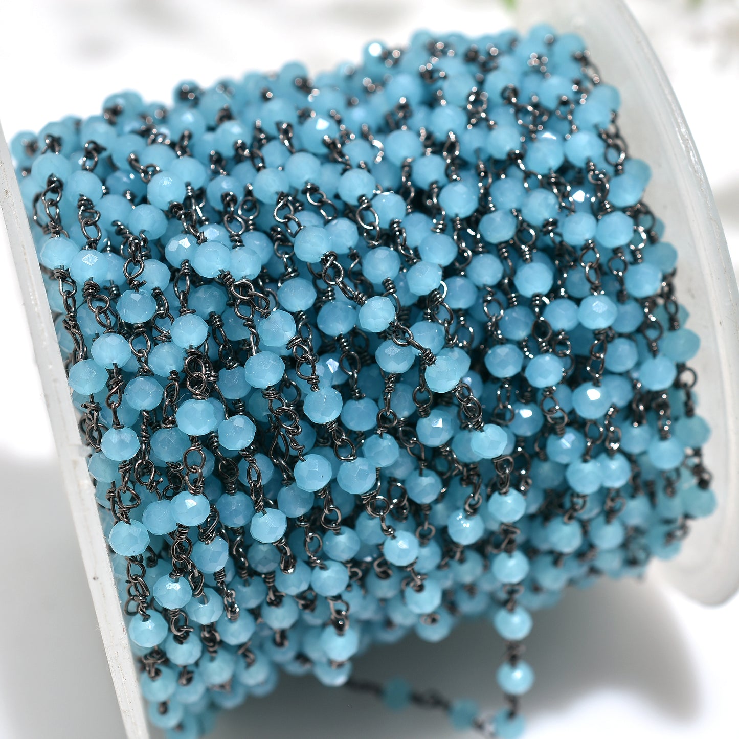 Elegant Blue Chalcedony Hydro Faceted Beads Rosary Chain Black Metal Plated Gemstone Links for Custom Jewelry Creations