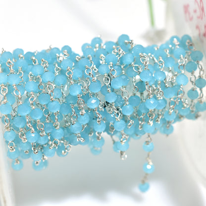 Blue Chalcedony Hydro Beads Rosary Chain - Silver Plated Gemstone Connectors for Wholesale Jewelry Design