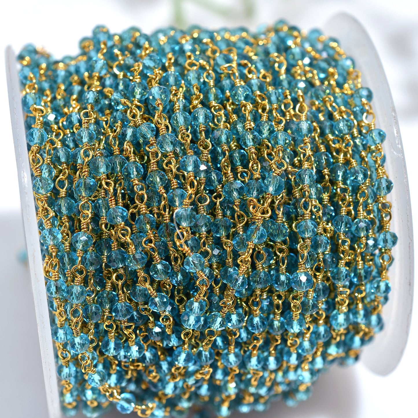 Handmade Blue Topaz Hydro Rondelle Rosary Chain Gold Plated Wire Wrapped Beaded Chain For Stone Jewelry