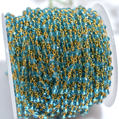 Handmade Blue Topaz Hydro Rondelle Rosary Chain Gold Plated Wire Wrapped Beaded Chain For Stone Jewelry