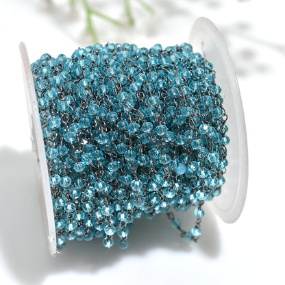 Blue Topaz Hydro Rondelle Rosary Chain Wire Wrapped Black Metal Plated Stone Beaded Chain for Jewelry Making