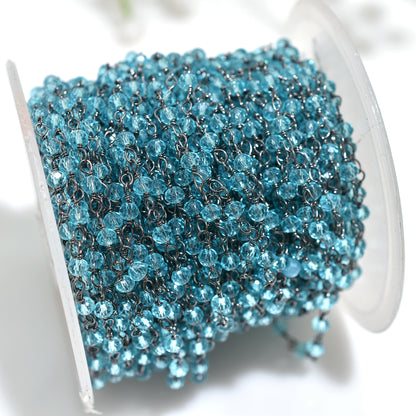 Blue Topaz Hydro Rondelle Rosary Chain Wire Wrapped Black Metal Plated Stone Beaded Chain for Jewelry Making