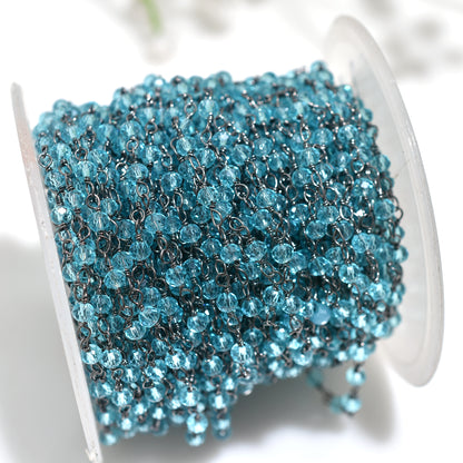 Blue Topaz Hydro Rondelle Rosary Chain Wire Wrapped Black Metal Plated Stone Beaded Chain for Jewelry Making