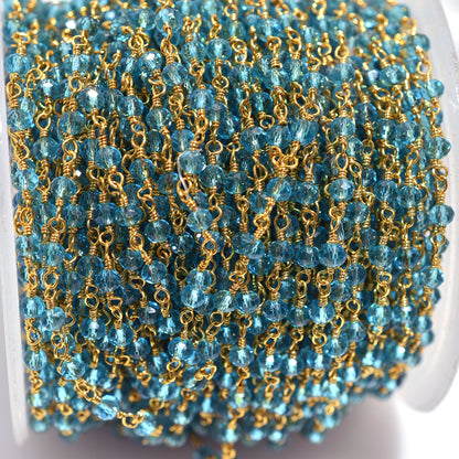 Handmade Blue Topaz Hydro Rondelle Rosary Chain Gold Plated Wire Wrapped Beaded Chain For Stone Jewelry