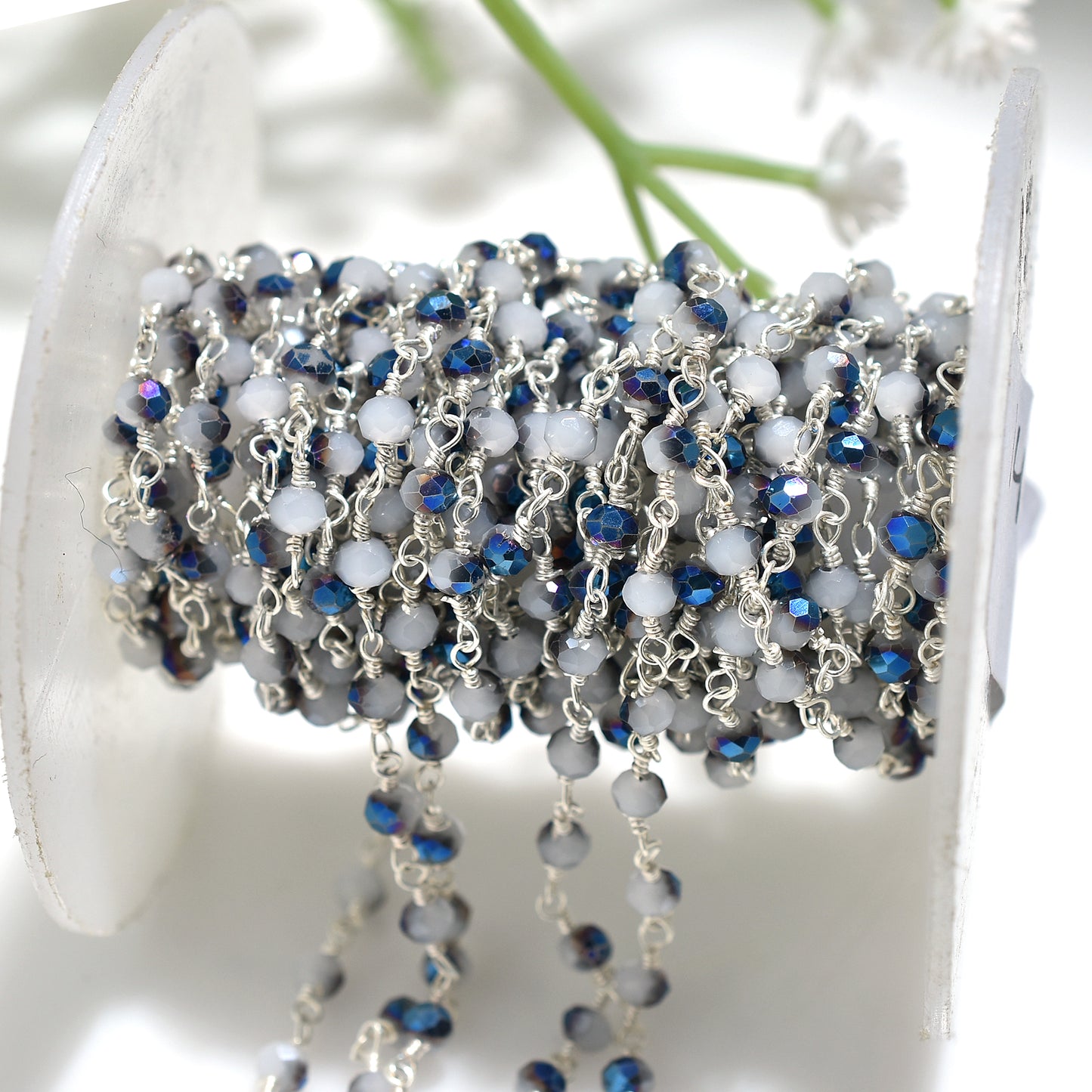Attractive Chalcedony Mystic Finish Rosary - Silver Coated Beads Chain Lot for Handmade Jewelry