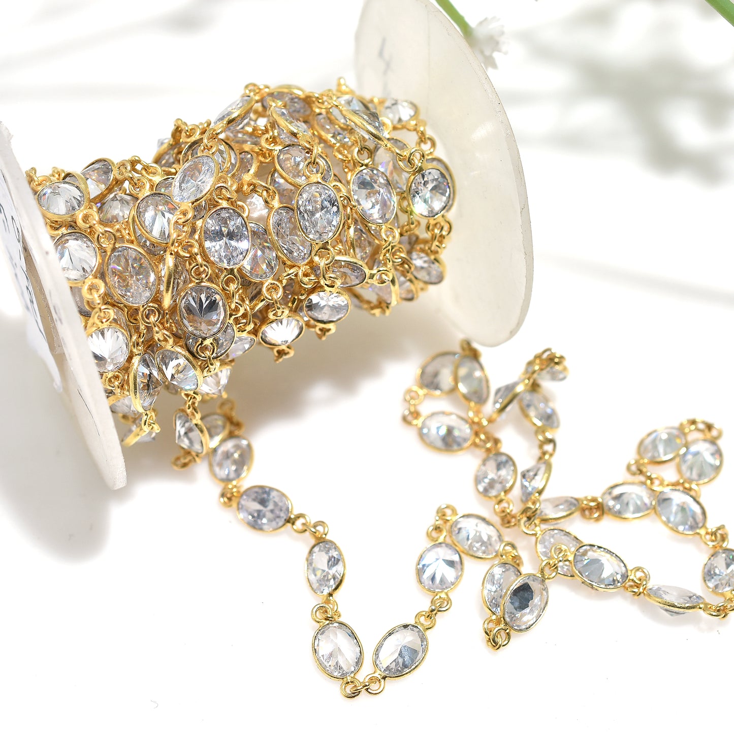 Luxury Zircon Connector Links Chain -Gold Framed Oval Crystal Rosary Lot for Jewelry Making