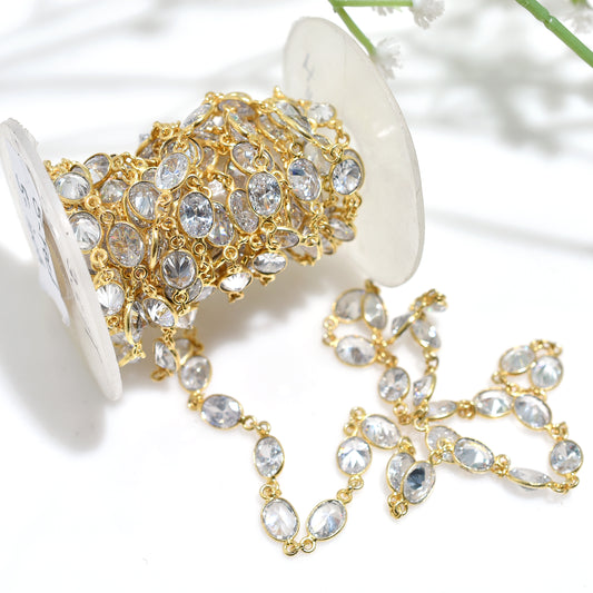 Luxury Zircon Connector Links Chain -Gold Framed Oval Crystal Rosary Lot for Jewelry Making