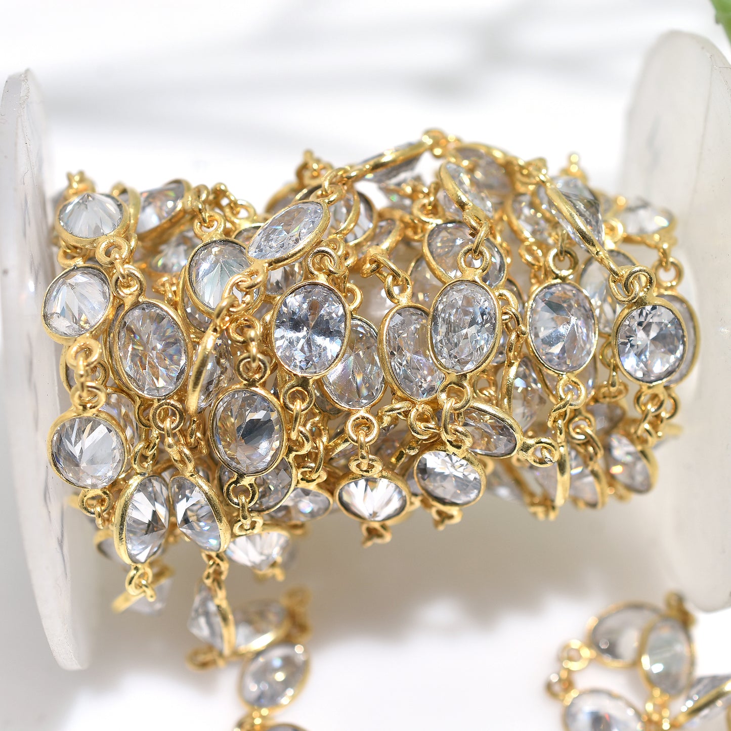 Luxury Zircon Connector Links Chain -Gold Framed Oval Crystal Rosary Lot for Jewelry Making
